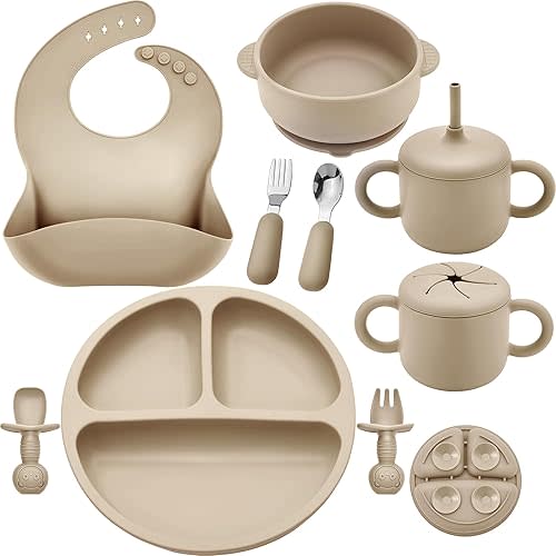 Silicone Baby Feeding Set, Baby Led Weaning Supplies, Eating Essentials Utensils with Suction Plate and Bowl, Pocket Bib, Sippy Cup with Lid, Forks Spoons Snack Container, for 6+ Months, Beige