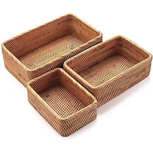 Natural Rattan Storage Baskets, Rectangular Woven Fruit Baskets, Wicker Decoration and Organizer for Bathroom, Living room (Set of 3)