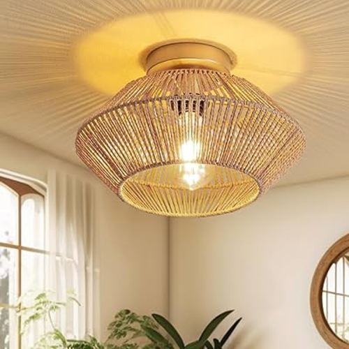 12.6" Ceiling Light Fixtures, Boho Light Fixture, Hand-Woven Flush Mount Boho Chandelier, Farmhouse Rattan Ceiling Light Fixture for Hallway Bedroom Kitchen Dining Room Foyer Nursery