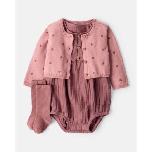 NB Baby Girl 3-Piece Acorn Print Short-Sleeve Dress Set - Pink - Carter's | Carter's