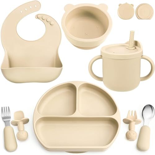 Silicone Baby Feeding Set, Baby Led Weaning Supplies with Suction Bowl Divided Plate, Toddler Self Feeding Dish Set with Spoons Forks Sippy Cup Adjustable Bib, Eating Utensils for 6+ Months(Beige)