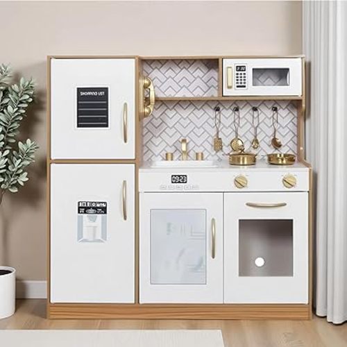 Wooden Play Kitchen Toy Set with Light, Kids Children Pretend Toy Kitchen Playset, Sink Play Toy Oven with Microwave,Toddler Cooking Set Toy for Ages 3+
