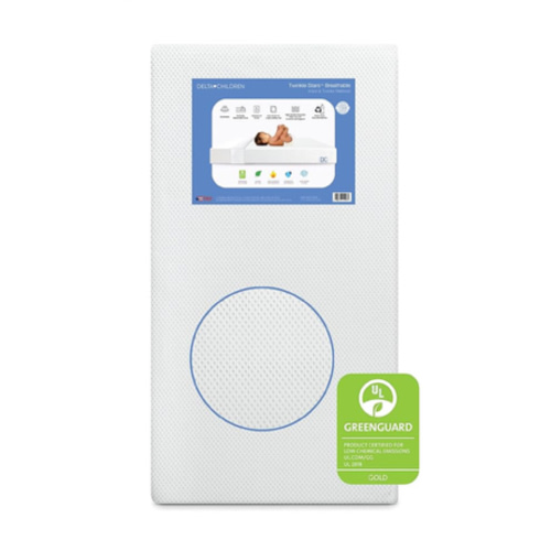 Delta Children Twinkle Stars Crib and Toddler Mattress with Breathable, Removable Machine-Washable Cover - GREENGUARD Gold - Waterproof Baby Bed - Sustainably Sourced Fiber Core - 52”Lx27.5”W, White