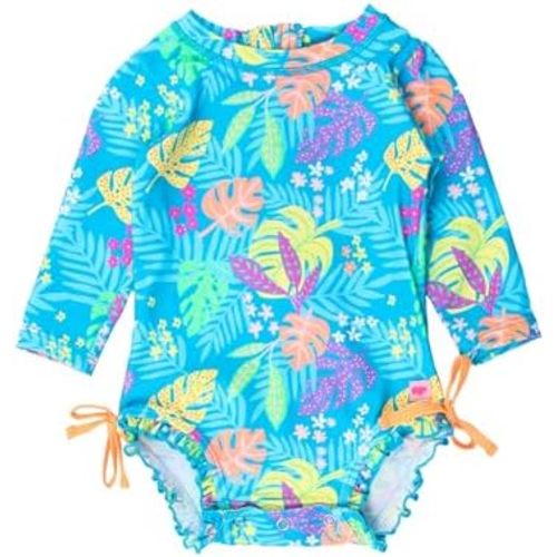 RuffleButts Baby Girls UPF 50+ Sun Protection Floral Printed Long Sleeve One Piece Rash Guard Swimsuit with Zipper