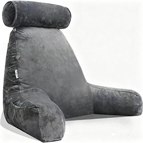 Extra Large Reading Pillow for Sitting in Bed Adult with Detachable Neck Support Cushion & Backrest Pillow for Bed with Arms and Side Pocket Shredded Foam Back Pillow with Washable Cover
