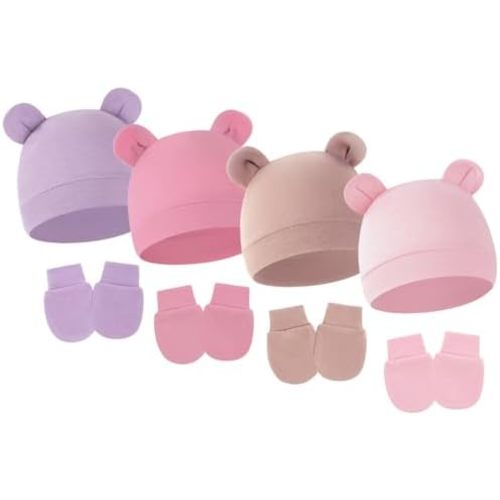 4 Pack Newborn Hats Mittens Set Bear Ears Preemie Hat Infant Hospital Mitten for Baby Boy Girl 0-6 Months
