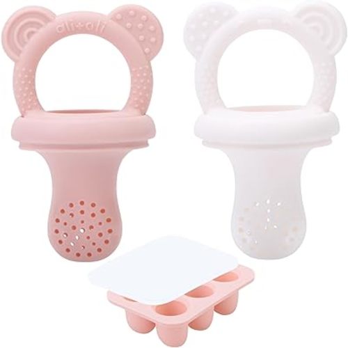 Ali+Oli (3-pc) Food & Fruit Feeder Pacifier (Pink-White) with Freezer Tray Included, BPA-Free Food-Grade Silicone Fruit Pacifier Feeder, Infant & Toddler Teether Soother, Fruit Teethers for Babies