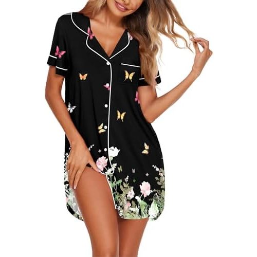 Ekouaer Nightgowns for Women Button Down Sleepshirt Short Sleeve Nightshirt Boyfriend Pajamas V Neck Nightdress S-XXXL