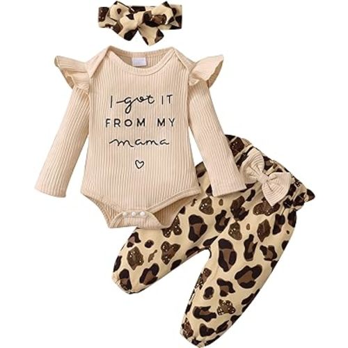 Aoswep Newborn Baby Girl Clothes, Infant Girl Outfits Long Sleeve Ruffle Romper + Floral Pants + Headband Set