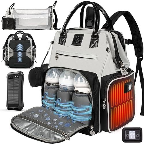 Award-Winning Smart Diaper Bag with Changing Station and Premium Solar Power Bank – Heated Pockets, Temp Control, Insulated Slots, Water-Resistant, Organizational Compartments, Newborn Baby Bag
