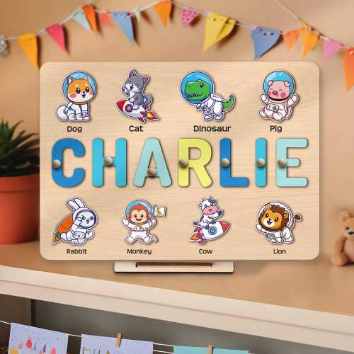 Custom Animals Puzzle, Personalized Montessori Toy with Name for Baby Girl Boy Toddler, Space Astronaut Busy Board 1st 2nd Birthday Gift