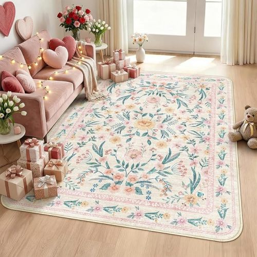 Floral Washable 5x7 Area Rug, Soft Non-Slip Pink Rugs for Girls Bedroom, Low Pile Flower Boho Living Room Rug, Non-Shedding Botanical Indoor Carpet for Nursery Playroom Dorm