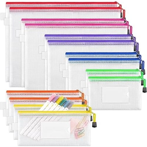 JARLINK 14 Pcs 6 Sizes Mesh Zipper Pouch, Waterproof Zipper Bags with Label Pocket, 7 Colors, Multipurpose for Board Games Organize, School, Office Supplies, Travel Storage, and Home Organize