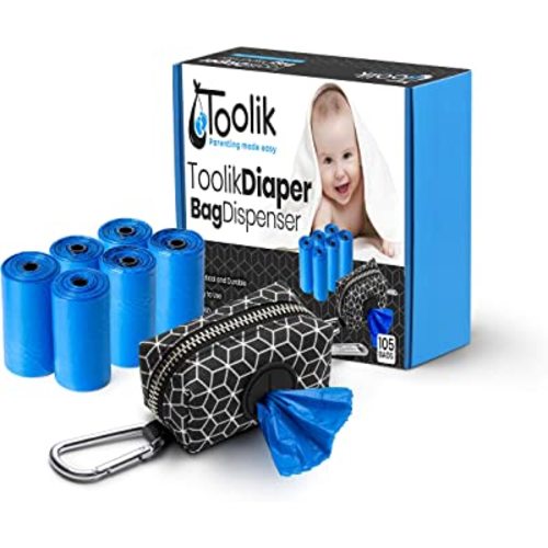 Toolik Diaper Bag Dispenser with 105 Disposable Unscented Waste Bags (7 Refill Rolls) for Baby and Toddler Poop or Dirty Clothes, Essential for Travel and Quick Change on The Go (3D Cubes)