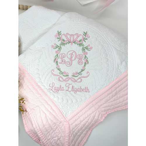 Floral Crest with Bow Embroidered Baby Quilt, Nursery Decor, Personalized Blanket, Baby Shower Gift, Gift for New Mom, Custom Baby Blanket