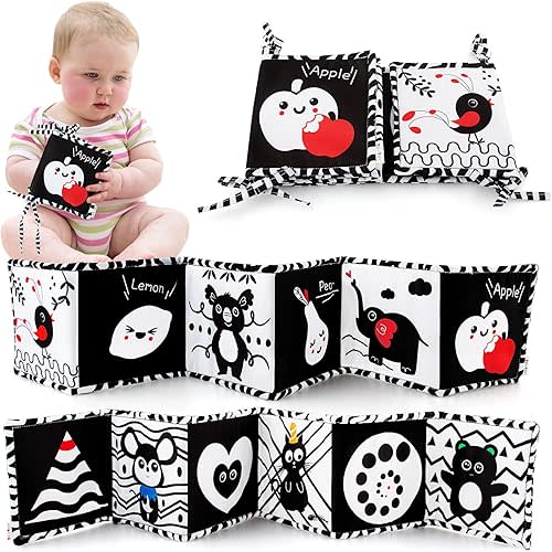 teytoy Black and White High Contrast Baby Book Infant Tummy Time Newborn Toys 0 3 Months Brain Development Stroller Toys Crinkle Folding Baby Soft Books Crib & Carseat Toys for Infants 0-6 Months