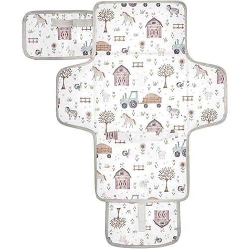 Portable Changing Pad for Baby - Cute Farm Animals Waterproof Diaper Changing Mat Travel Changing Pad with Built-in Pillow - Shower Gift for Baby