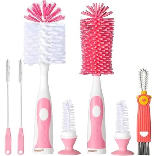 5 in 1 Bottle Cleaner Brush Set with Nylon and Silicone Bottle Brush, Straw Brush, Bottle Brush with Nipple Cleaner and Suction Cup, Cup Lid Cleaner Brushes Kit, BPA-Free (Pink)