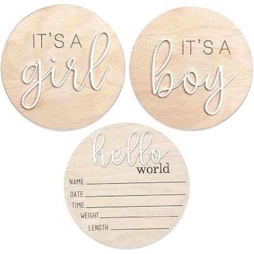 3 Pcs Baby Announcement Sign, 5 inches Wooden Hello World Newborn Signs, Birth Announcement Sign, Baby Shower Hospital Nursery for Newborn Boys and Girls (White)