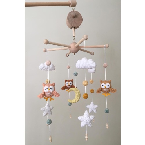 Crochet Baby Mobile Owl, Crib Mobile With Music Box, Nursery Crib Mobile, Gift For Christmas, Handmade Baby Mobile, Baby Crib Mobile