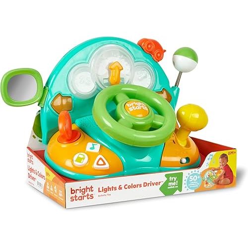 Bright Starts Lights and Colors Driver Toy Steering Wheel with Car Sounds for Pretend Play - Green, 6 Months and up