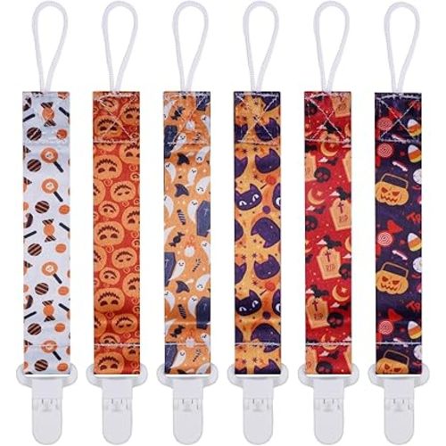 Baby Pacifier Clip,Paci Leash Binky Clips for Baby Boys and Girls,Newborn Essentials,Pack of 6 Gift Set. (Halloween)