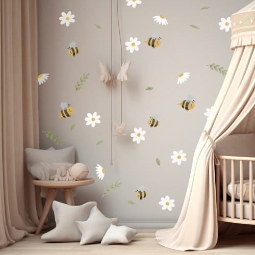 Leaves, daisies and bees stickers, Sticker set, Removable, Matte finish AM209