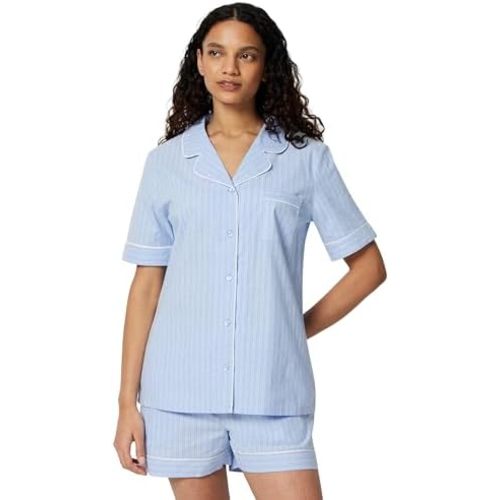 Amazon Essentials Women's Cotton Stretch Poplin Pajama Set, Short Sleeve Button-Down with Shorts