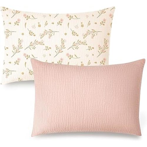 Konssy Muslin Toddler Pillowcase for 13x18 Pillow, 2 Pack Soft & Breathable Cotton Toddler Pillow Case, 100% Cotton Travel Pillow Covers for Baby Kids (Floral, Pink)