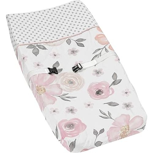 Blush Pink, Grey and White Changing Pad Cover for Watercolor Floral Collection by Sweet Jojo Designs