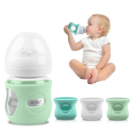 Silicone Avent Glass Bottle Sleeve, Anti Breakage & Scratch-Proof, Protect Philips Avent Glass Bottles, Food-Grade Silicone, BPA Free, 4 oz Baby Bottle Holder (White+Blue+Green)