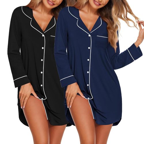 Ekouaer 2 Pack Nightgowns for Women Long Sleeve Night Shirt Button Down Sleep Shirt V-Neck Sleep Dress Pajama Sleepwear