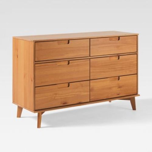Saracina Home Mid Century Modern Groove Wood 6 Drawer Dresser Caramel