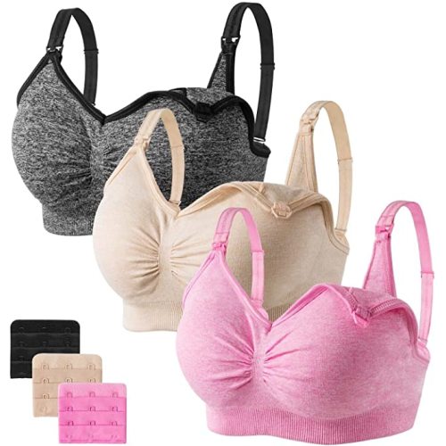 Angelhood Womens Seamless Sleep Nursing Bra,Breastfeeding Maternity Bra with Remove Bra Pads Extenders Pack of 3 - Large - Black/Nude/Pink