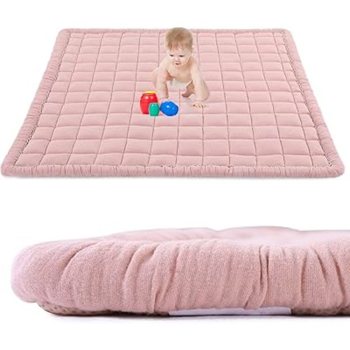BALAPET 100% Cotton Muslin 50x50 Play Mat for Playpen, Soft Baby Playpen Mat for Kids Toddler Crawling and Play, Non-Slip and Washable Playmat, Pink