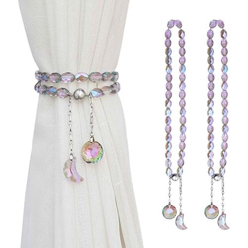 Magnetic Curtain Tiebacks, 2 Pack Crystal Beaded Sun & Moon Pendants Sheers/Draperies Holdbacks for Window Home Office Decor (Purple)