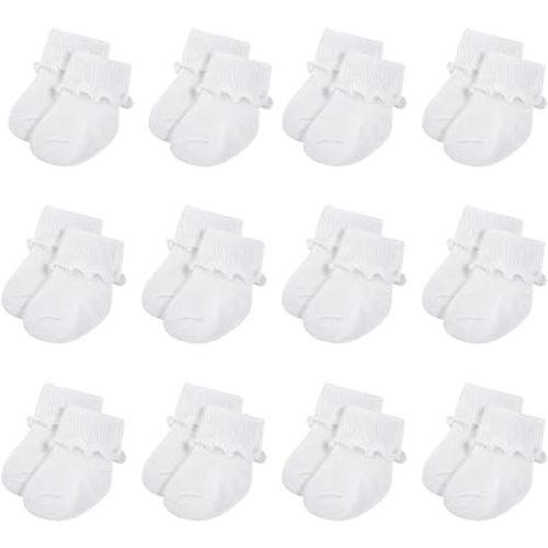 Toulite 12 Pairs Preemie Socks Girls and Boys Premature Ruffle Turn Cuff Cotton Socks Hospital Nicu