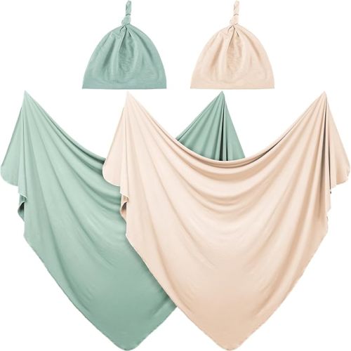 2 Pack Baby Newborn Swaddle Blanket and Hat Set 47" x 47" Large Stretchy Newborn Swaddle Blankets with Hat Soft Receiving Blankets for Newborn Baby Boy and Girl Essentials (Green, Apricot)