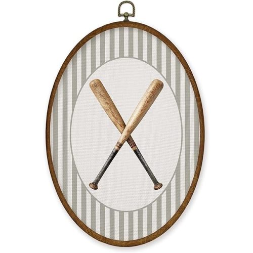 WULQYING Baseball Bats Sports Nursery Wall Art Decor, Boys Room Oval Framed Canvas Art Prints, Neutral Striped Sport Lover Gift Wall Hanging Decor for Kids Nursery Room Playroom, 8.5x11.3 Inches