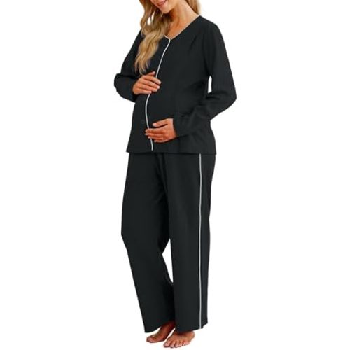 OUGES 100% Cotton Women's Maternity Nursing Pajamas Sets Button Down Breastfeeding Loungewear Top & Pants with Pockets