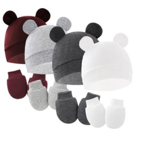 SILVERCELL Newborn Baby Bear Ears Hats and Mittens Sets Preemie Cotton Caps Infant Hospital Beanie for Boys Girls 0-6M