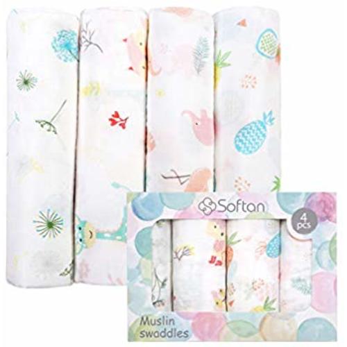Muslin Baby Swaddle Blankets, Bamboo Cotton Receiving Blankets for Boys and Girls,47"x47",4 Pack, Shower Gift Set, Flamingo, Rabbit, Pineapple, Dandelion - Rabbit&Pineapple