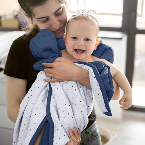 Lulu moon Muslin Baby Blanket - Cotton Quilt Blankets for Toddlers - Reversible Nursery Crib Blanket for Baby Boys and Girls 47"x47"(Blue)
