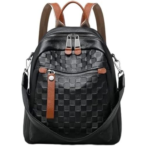 Genuine Leather Backpack Purse For Women Black Real Soft Leather Checkered Convertible Shoulder Casual Daypack Designer Bag