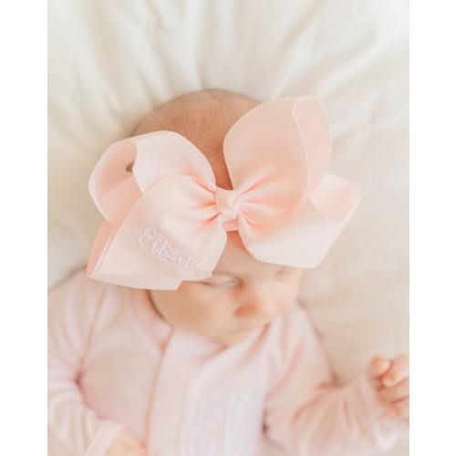 Baby Girls Monogrammed Hair Bow - Headband - Newborn - Coming Home - 6” - Pink - Nylon - Embroidered - Monogram