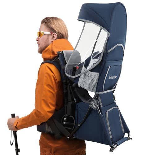 besrey Baby Backpack Carrier, Toddler Hiking Backpack with Safety 3-Height Seat, Adjustable Straps&Waist Belt, Foldable Frame Lightweight Large Capacity Child Carrier for Hiking (Blue/Grey)