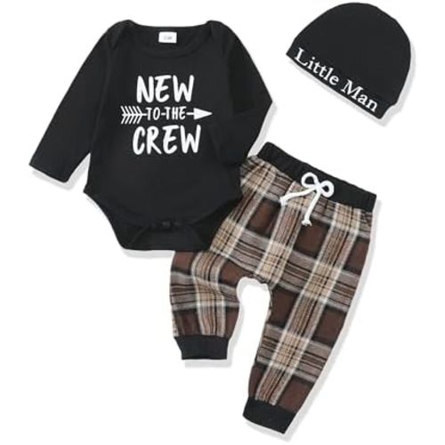 Renotemy Newborn Baby Boy Fall Clothes, Long Sleeve Letter Printed Rompers Plaid Pants Hat Outfits Clothing Set 0-18 Months