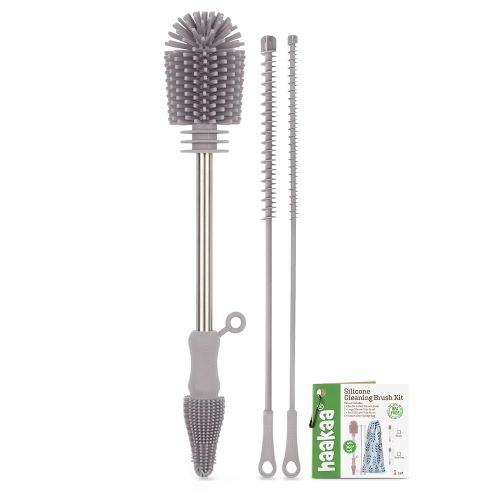 haakaa Silicone Cleaning Brush Kit - SUVA Grey - Bottle Brush for Breast Pumps, Breast Milk Collector, Baby Bottles, Nipples, Breastmilk Storage Bags