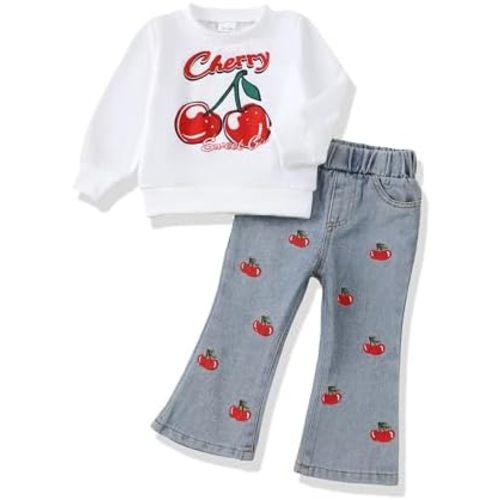 Renotemy Toddler Baby Girl Clothes Fall Winter Outfits Gifts Sweatshirt Jeans Bell Bottom Pants Set for 12Months-5 Year Girls