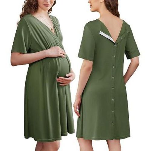 Ekouaer Labor and Delivery Gown for Hospital Short Sleeve Maternity Nursing Dress Nightgown with Button Army Green XXL
